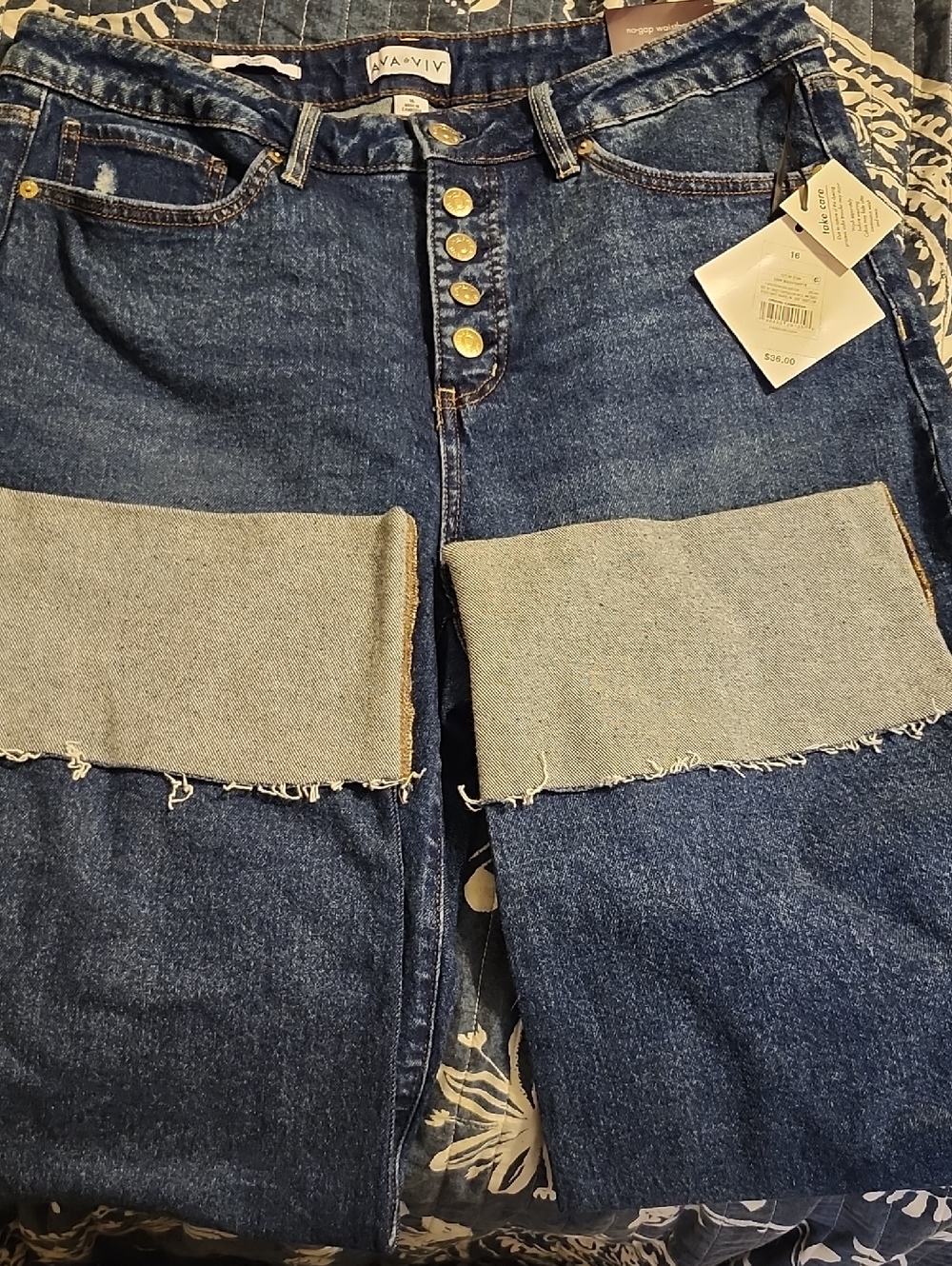 NWT, Ava & Viv Dark Blue Cuffed Jeans with Button-Fly